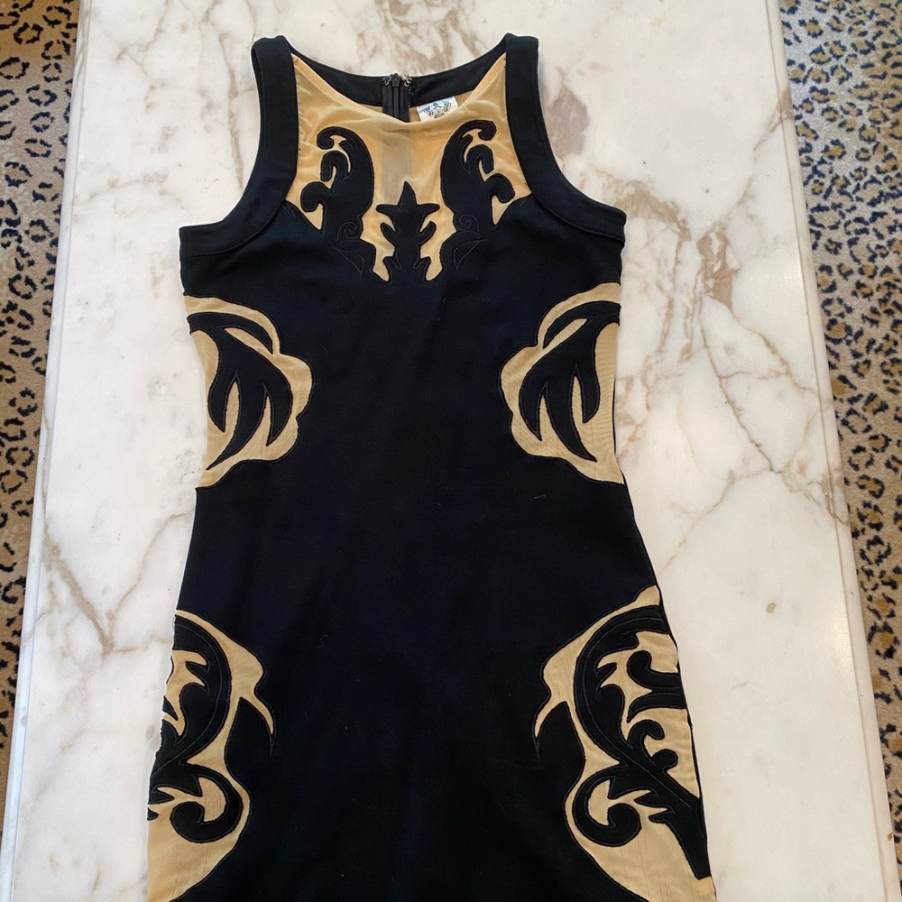 Black and Tan Mesh Body Hugging Mini Dress